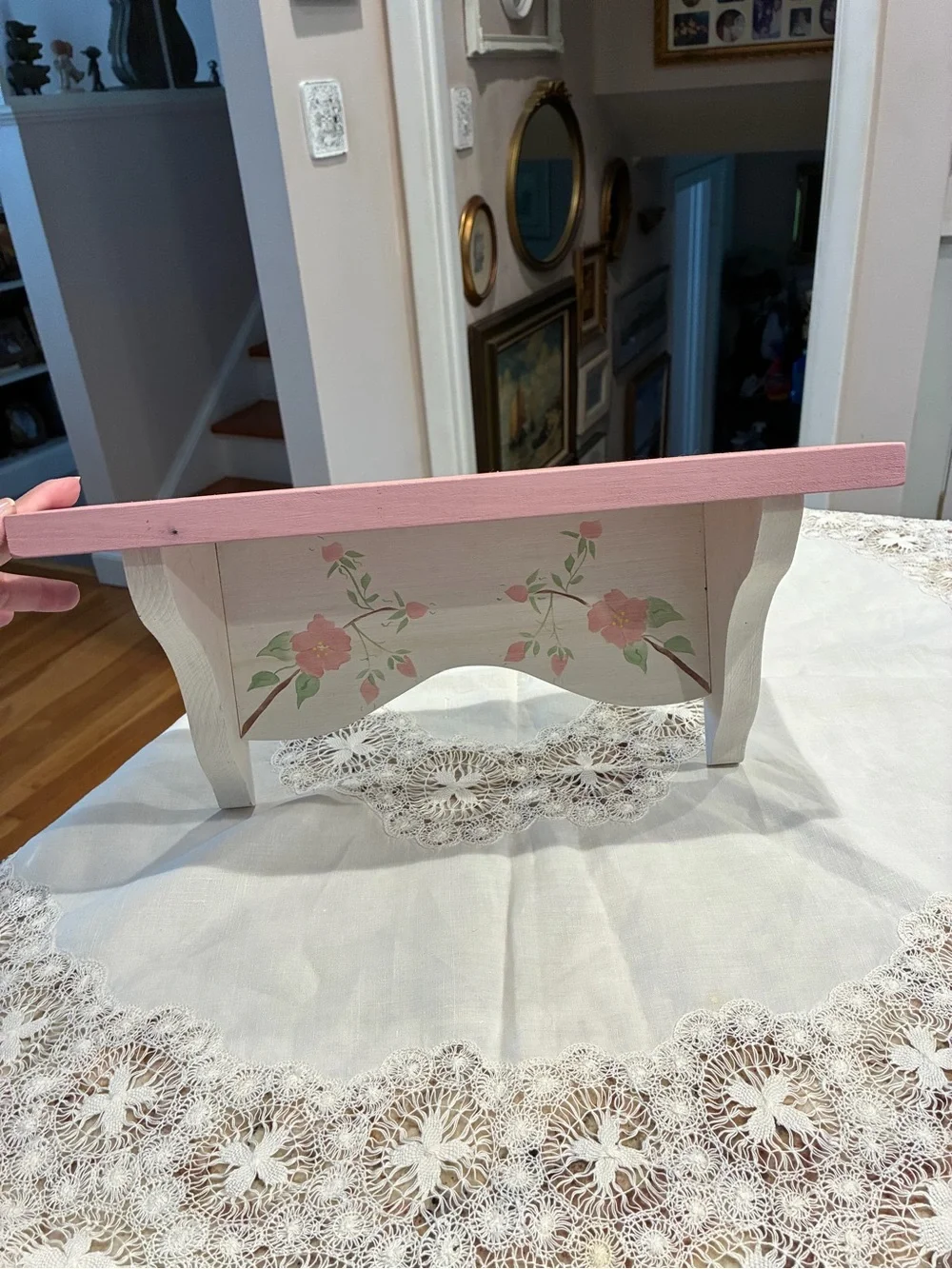 Hand-Painted Pink and White Floral Wood Shelf